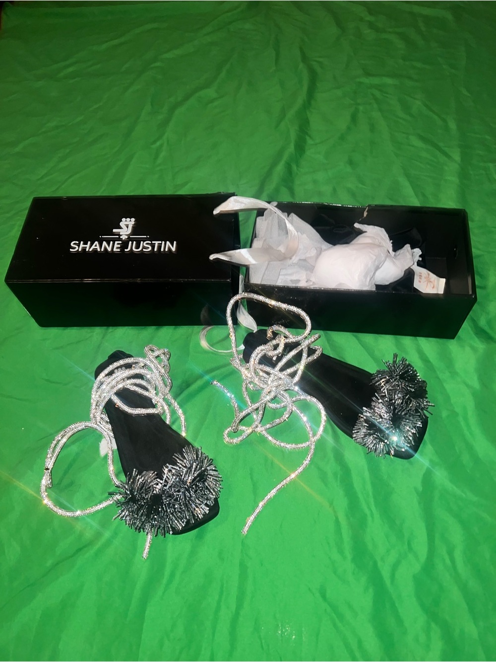 New Shane Justin Black Velvet Pom-Pom Shoe Accessories with Silver Rope size 38